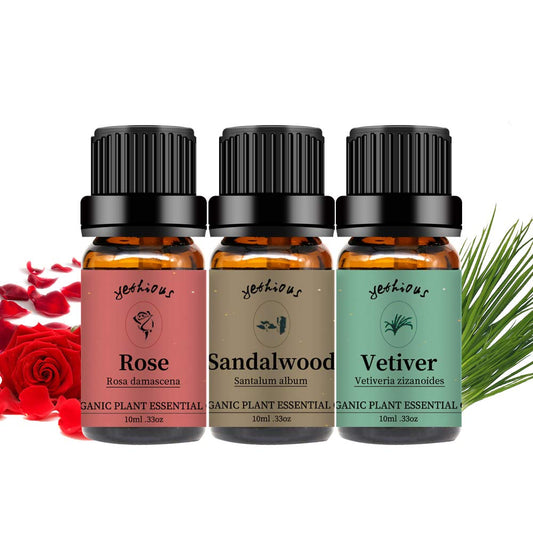 yethious 3 Pack Rose Sandalwood Vetiver Essential Oil Set Organic Pure Aromatherapy Oil for Diffuser Rose Oil Essential Oil
