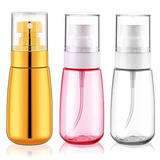 Cosywell Travel Spray Bottle 3 Pack 2oz 60ml Leak Proof TSA Approved Fine Mist Spray Bottle Empty Plastic Refillable Containers for Hair Perfume Toners Rose Water Cosmetics(Gold+Pink+Clear)