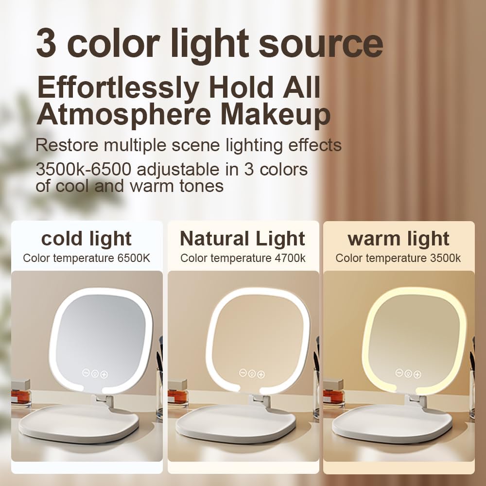 Rechargeable LED Travel Makeup Mirror, 3-Color Lighting, Dimmable Touch Screen, Multi Angle Adjustable, Foldable and Portable Desktop Vanity Mirror with Storage Tray(Creamy)