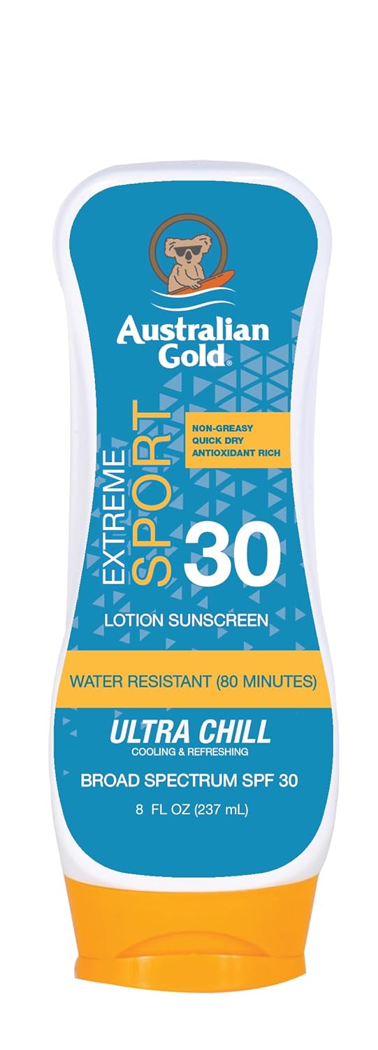 Australian Gold Extreme Sport Sunscreen Lotion SPF 30, 8 Ounce | Broad Spectrum | Sweat & Water Resistant | Non-Greasy | Oxybenzone Free | Cruelty Free