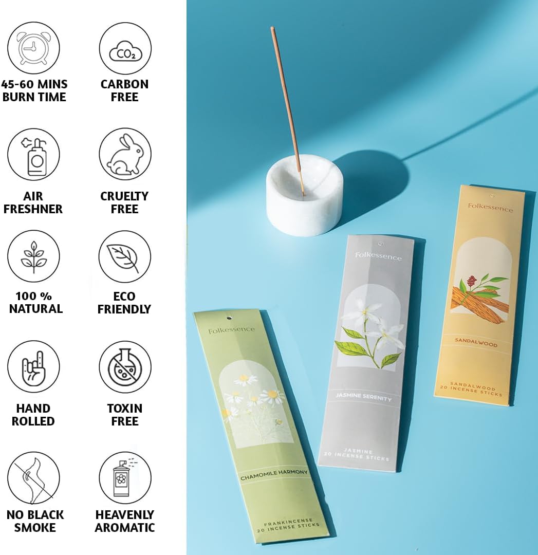 Folkulture Incense Sticks with Incense Holder | Set of 6 (120) Organic Fall Insence-Sticks with 45 Mins Burn Time | Non Toxic Sandalwood Incense | Fall Scents or Rose & Lavender Inscents for Home