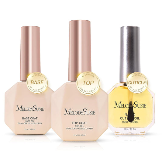 MelodySusie No Wipe Glossy Top Coat Base Coat Cuticle Oil Set Long Lasting Shine Finish Soak Off UV LED Nail Lamp Nail Art Design Manicure Kit Perfect Gifts for Women Girls 3 Pcs 15ml