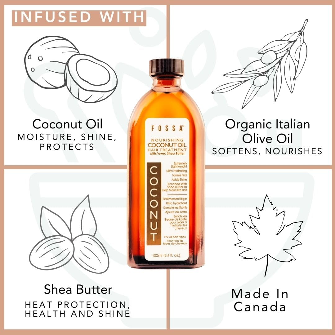 Fossa Nourishing Coconut Oil Hair Treatment with Shea Butter | Lightweight, Paraben Free, Prevents Split Ends, Reduces Breakage, Adds Shine & Frizz Control for All Hair Types | 100ml, 3.4 fl. oz.
