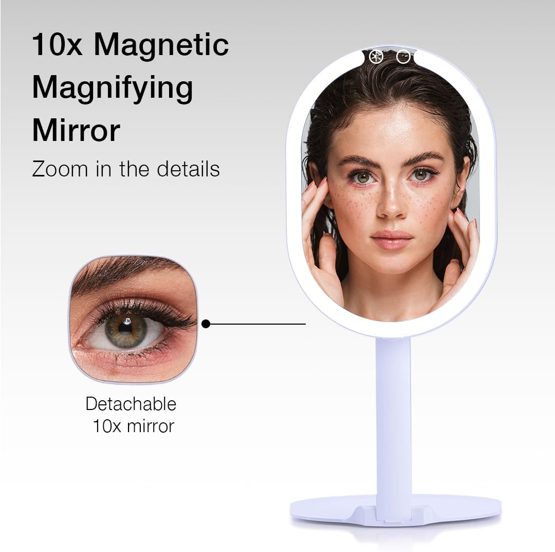 Fancii LED Rechargeable Portable Makeup Mirror with 3 Color Light Settings & 10x Magnetic Magnifying Mirror – Ultra Slim, Foldable Travel Vanity Mirror, 1500 mAh Battery, Height (Purple)