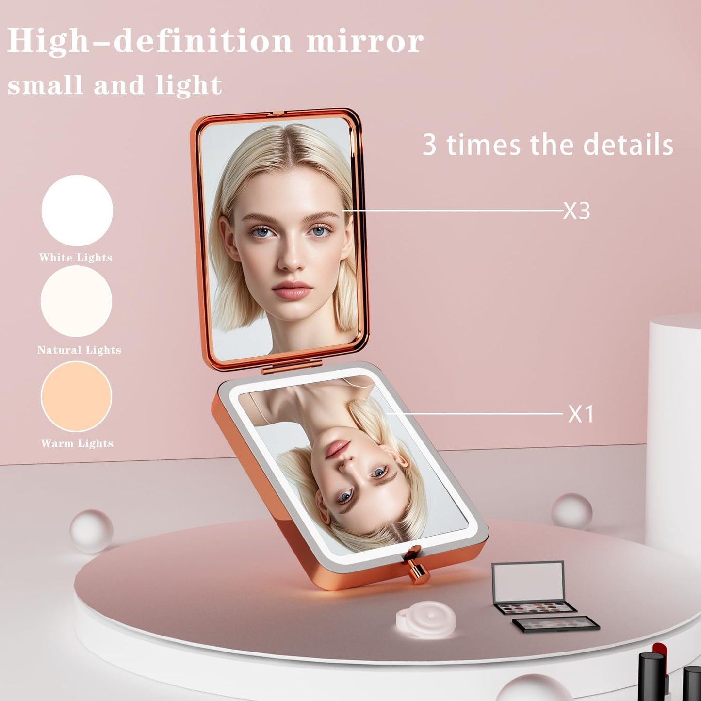 Makeup Mirror with Lights, 3X Magnifying Led Compact Travel Mirrors for Pocket,Purse, Double-Sided Foldable Handheld, Vanity Mirror with Lights, Makeup Vanity Desk Bathroom, Gifts for Women