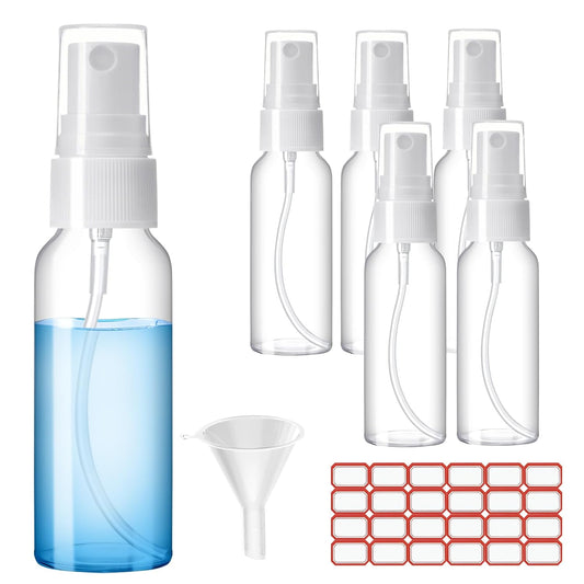 Spray Bottles, 2.7oz/80ml Clear Empty Fine Mist Plastic Mini Travel Bottle Set, Small Refillable Liquid Containers with 2pcs Funnels and 24pcs Labels (6 Pack)