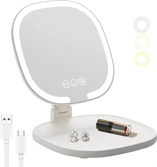 Rechargeable LED Travel Makeup Mirror, 3-Color Lighting, Dimmable Touch Screen, Multi Angle Adjustable, Foldable and Portable Desktop Vanity Mirror with Storage Tray(White)