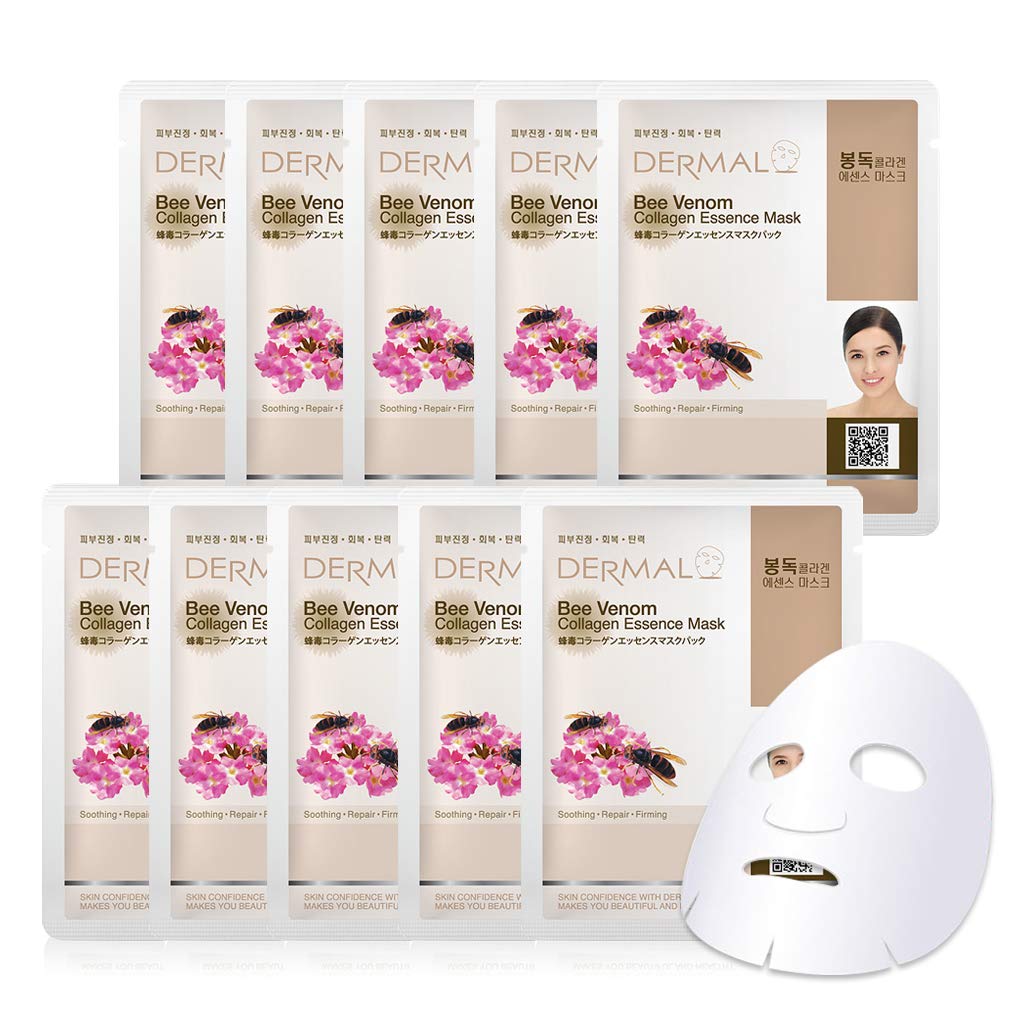 DERMAL Bee Venom Collagen Essence Korean Facial Mask Sheet Pack of 10 - Soothing and Hydrating Irritated Skin - Hypoallergenic Skin Friendly Sheet