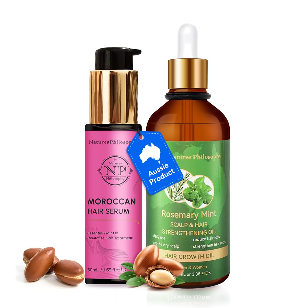 NP NATURES PHILOSOPHY Moroccan Argan Oil & Rosemary Hair Growth Oil Set, Organic Hair Serum, Anti-Frizz, Anti-Hair Loss, Adds Shine, Quickly Absorbed & Non-Greasy, Aussie Hair Products for Men & Women
