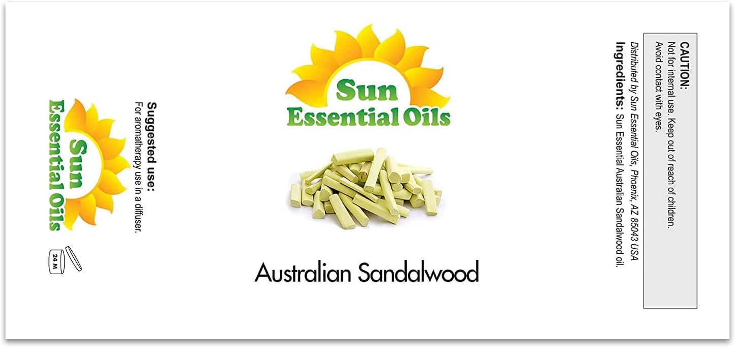 Sun Essential Oils – 4 oz Australian Sandalwood Essential Oil with Dropper for Diffuser, Skin, Aromatherapy Massage, Humidifier, Scent for Candle, Lotion & Soap Making at Home, Fragrance for Room