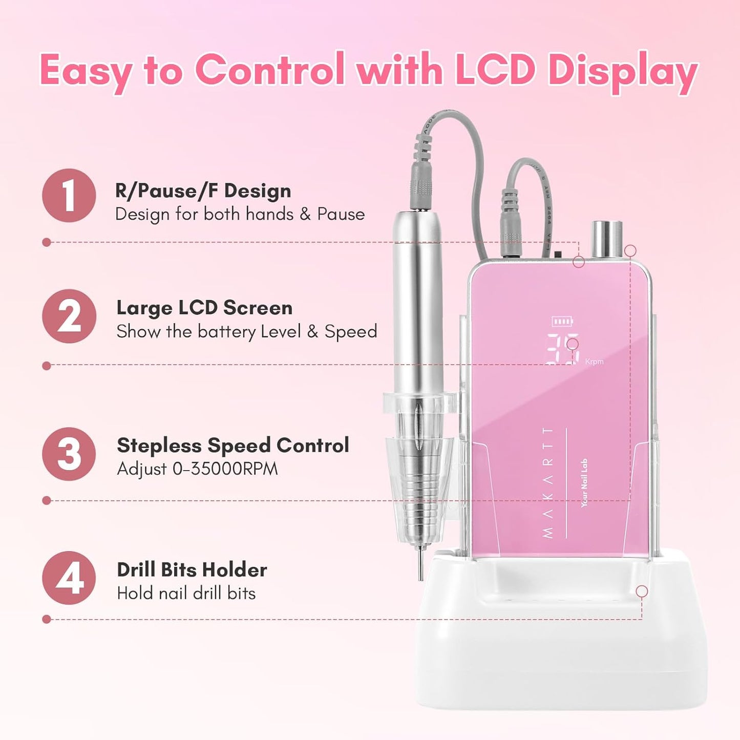 Makartt Nail Drill Professional: 60W 35000RPM Electric Nail File with Coreless Motor, 2 in 1 Desktop & Portable, Drill Bits and LCD Display for Acrylic Gel Nails, Nouvella Pink