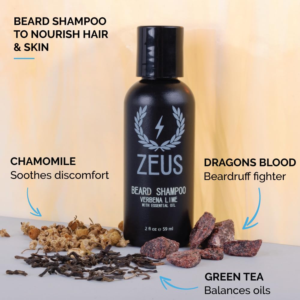 ZEUS Travel Beard Shampoo & Conditioner Combo for Men, Grooming Set with Green Tea & Essential Oils, Softens, Hydrates & Moisturizes Facial Hair (Made in USA) Verbena Lime