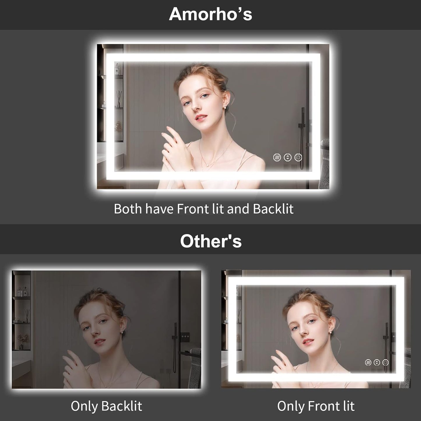 Amorho LED Bathroom Mirror 55" X30", Front Light and Backlit Vanity Mirror, Dimmable Bathroom Mirrors for Wall, Anti-Fog, Memory, 3 Colors, Double LED Lights, Shatter-Proof, ETL Listed