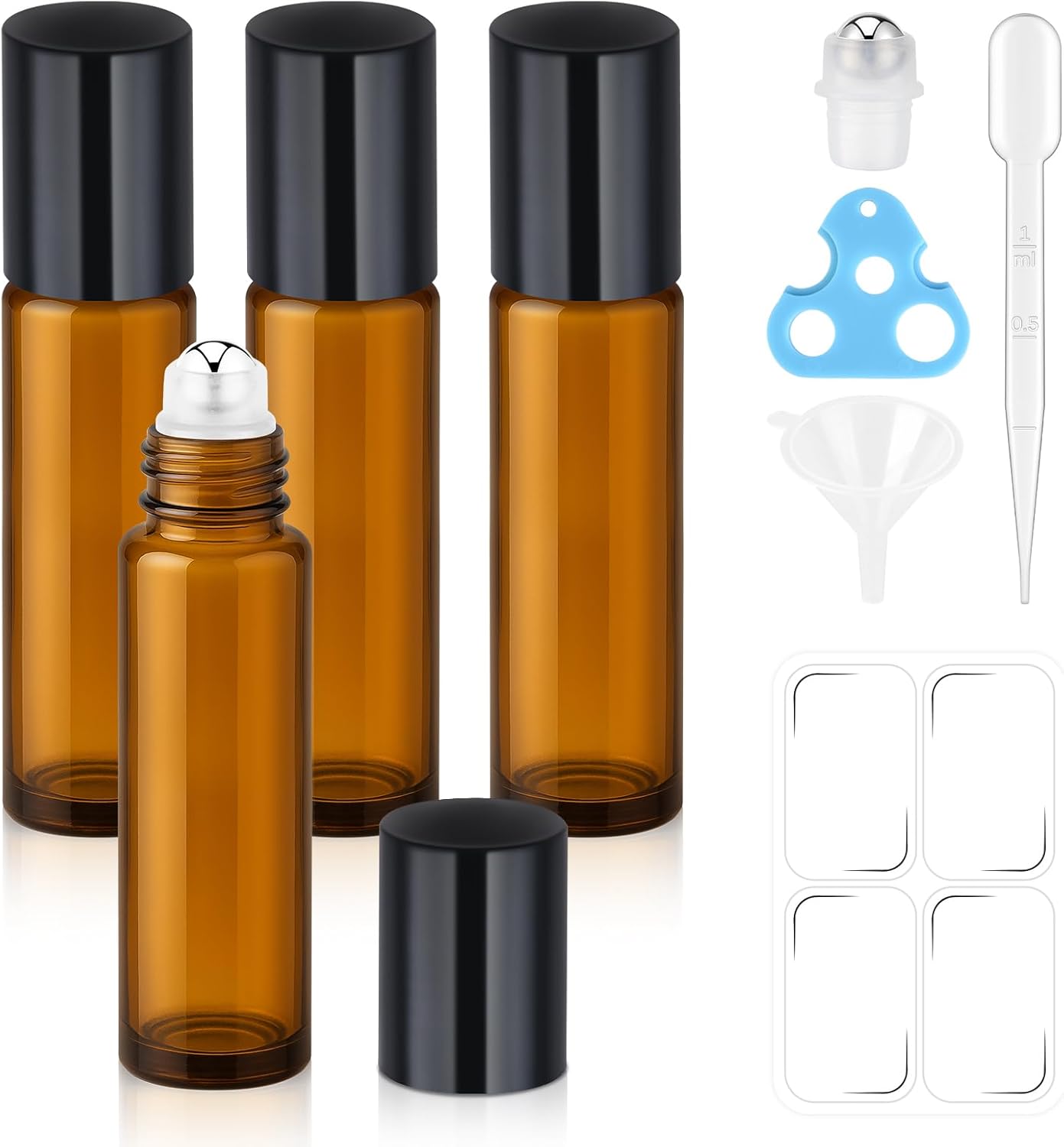 10ml Roller Bottles for Essential Oils(4-Pack), Leak-Proof Amber Glass Roller Ball Applicator, Opener, Droppers, Funnel & Labels, Roll on Bottles for Perfume & DIY Skincare