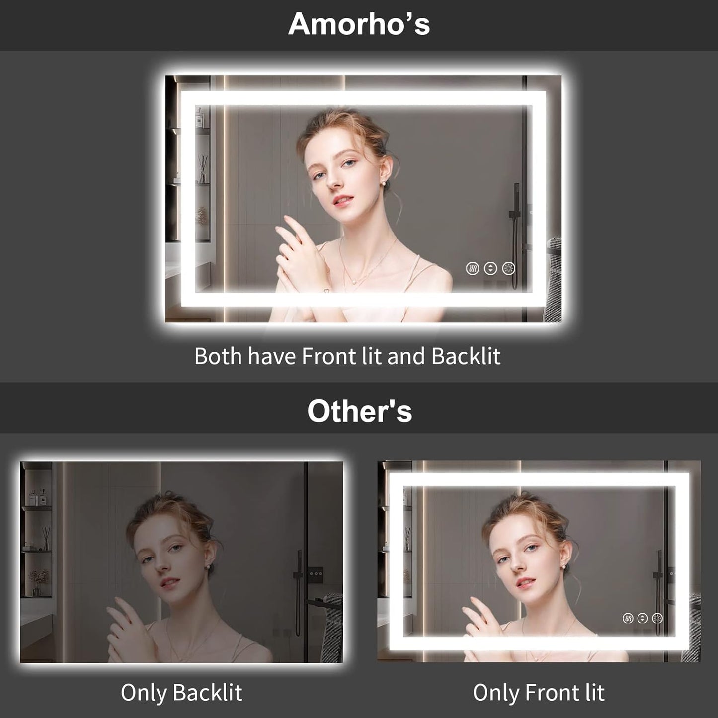 Amorho LED Bathroom Mirror 48"x 38" with Front and Backlight, Stepless Dimmable Wall Mirrors with Anti-Fog, Shatter-Proof, Memory, 3 Colors, Double LED Vanity Mirror(Horizontal/Vertical)