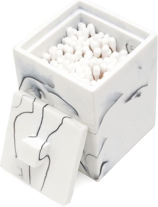 Qtip Holder with Lid, Bathroom Resin qtip holder dispenser , Cotton Swab Container jars, Cotton Ball Organizer for Floss Jewelry Necklace Ring Earring Storage jar Gift Case, Ink White