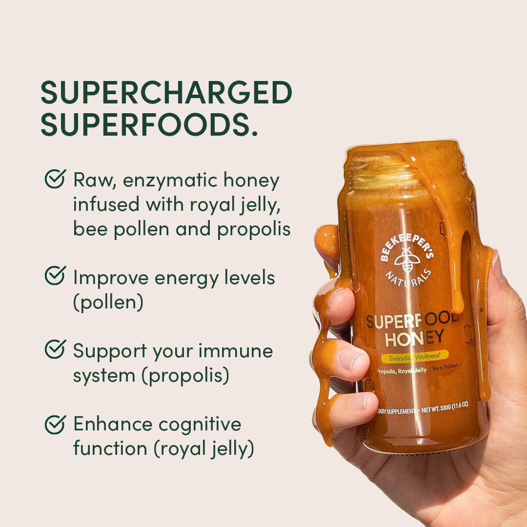 Superfood Honey by Beekeeper's Naturals - Bee Pollen, Royal Jelly, Propolis, Honey - Natural Energy, Immune Support, Mental Clarity, Athletic Performance (4.4 oz)