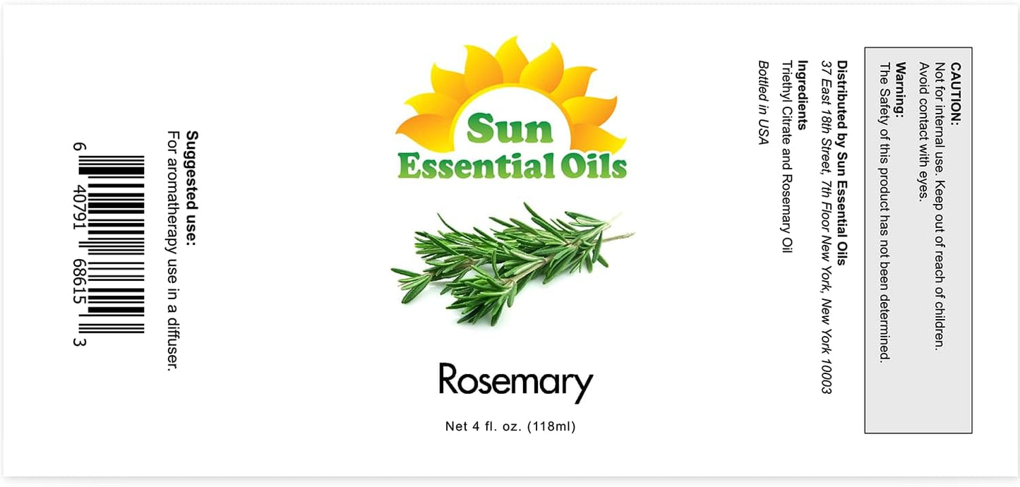 Sun Essential Oils - 4 oz Rosemary Essential Oil for Hair Growth, Skin, Scalp - Drops for Diffuser, Humidifier & Aromatherapy Massage - DIY Candle, Lotion & Shampoo Making - Help Sleep