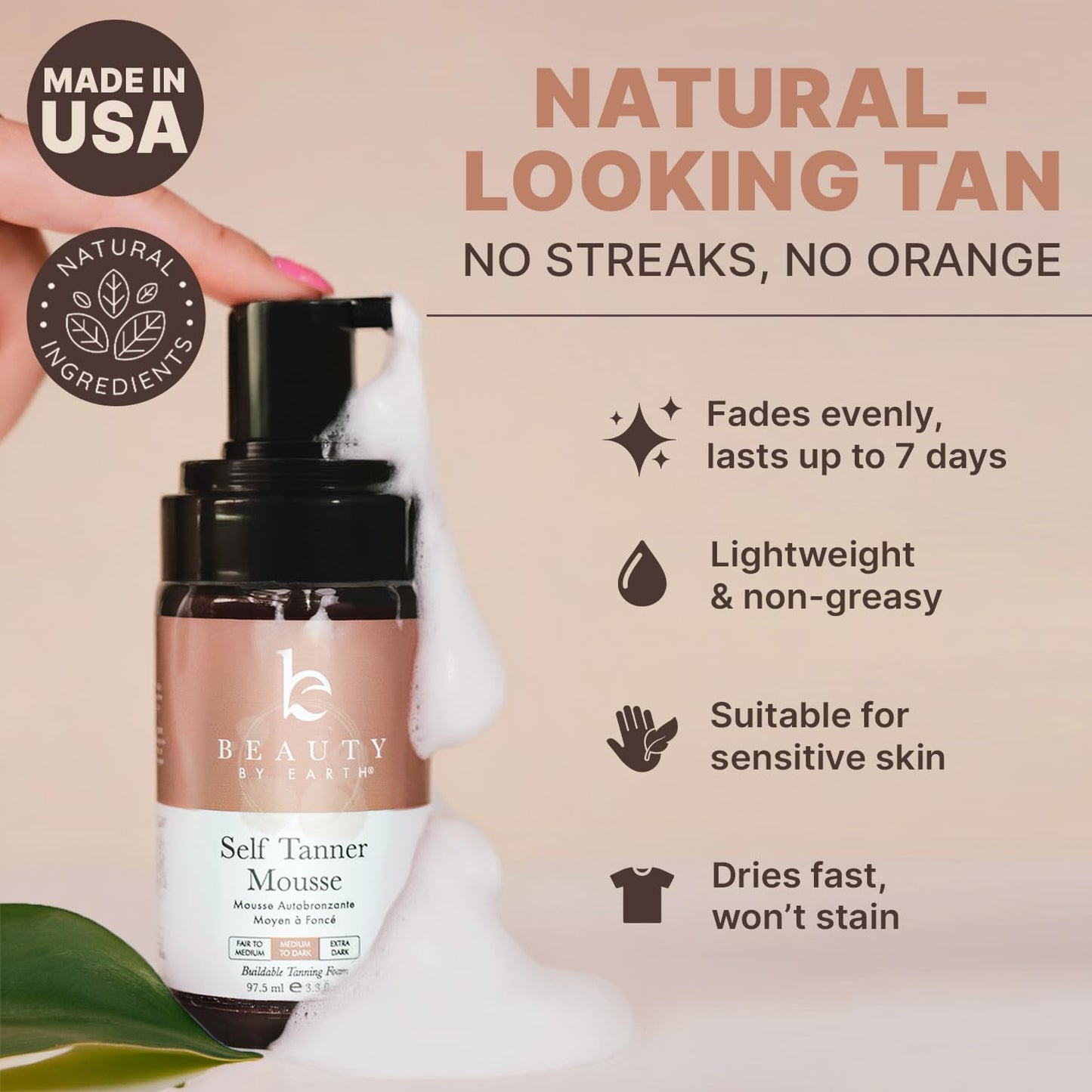 Self Tanner Mousse - USA Made with Natural & Organic Ingredients, Self Tanning Mousse for Dark Fake Tan, Sunless Tanner, Clear & Non Toxic Tanning Foam for Streak Free Finish & Natural Glow