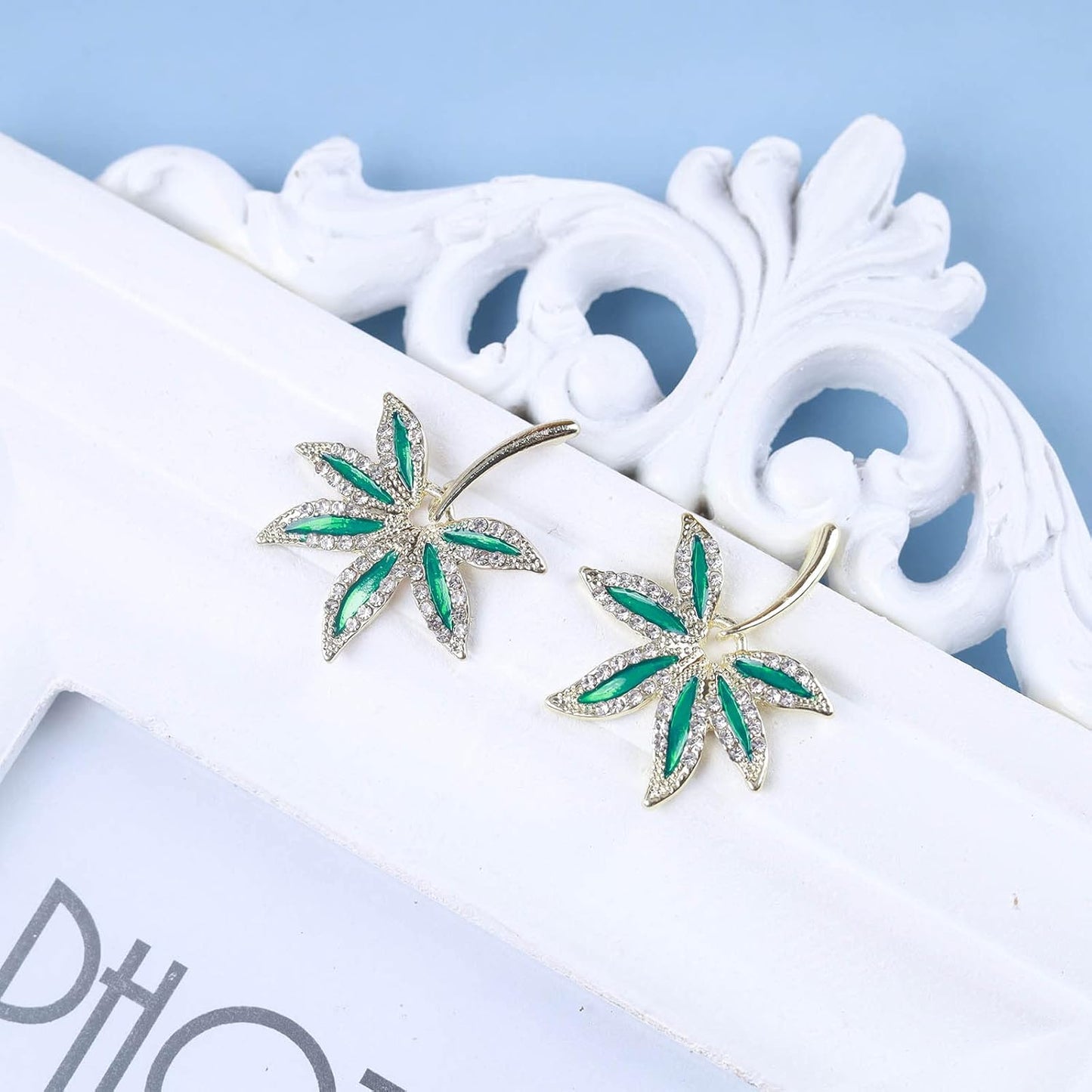 Vintage Emerald Pot Leaf Earrings Green Leaf Drop Earrings Green Marijuana Leaf Earrings Gold Cz Leaf Dangle Earrings Jewelry for Women