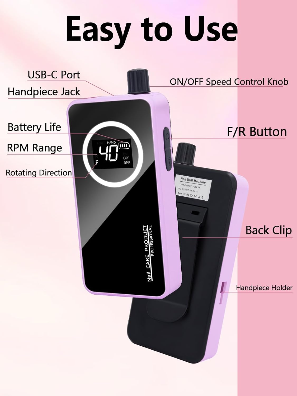 Nail Drill, Portable Electric Nail File 50000RPM, Rechargeable Nail Drill Professional with Bits for Acrylic Gel Nails, E-File Machine Manicure Polishing for Salon Home, Purple