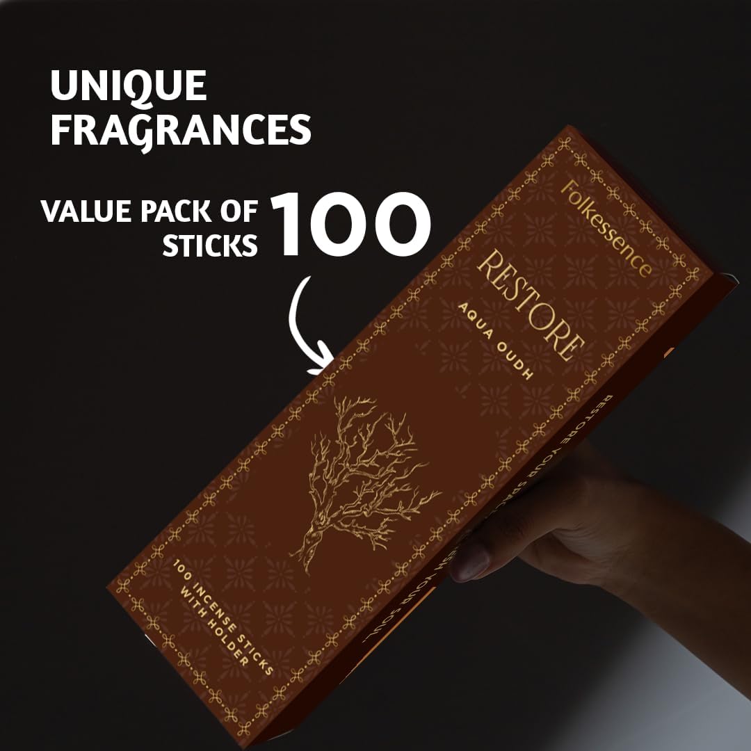 Folkulture Oud Incense Sticks | Set of 100 Insence-Sticks with Holder for Relaxation | Aqua Oudh Incense | Organic, Slow Burning & Non Toxic Inscents for Meditation | Oudh