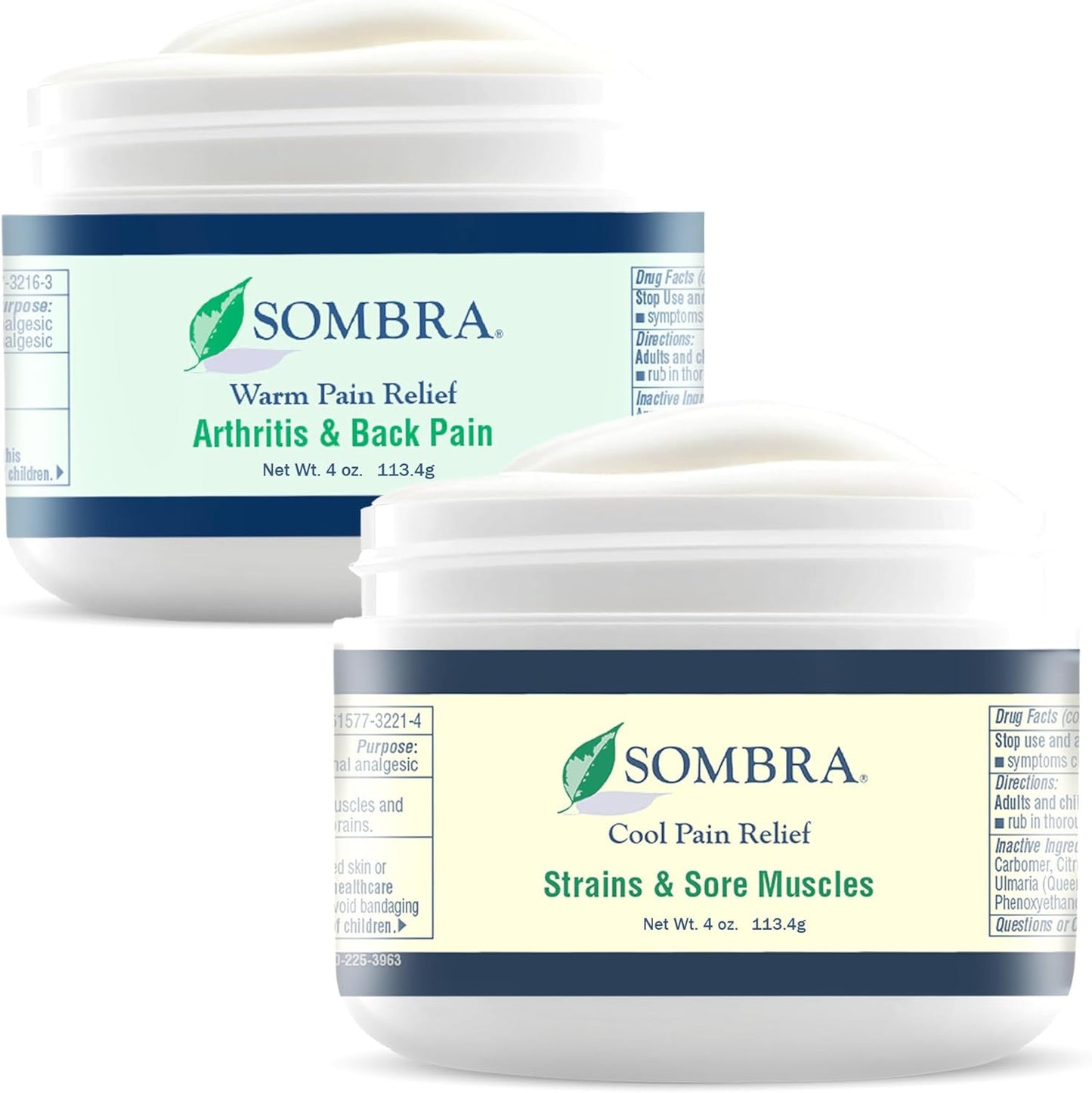 Sombra Warm & Cool Pain Relief Gel, Warm Relief for Arthritis and Chronic Pain Pre-Workout Muscle Rub, Cold for Swelling, Soreness, Post-Workout, Free of Artificial Fragrances, 4oz Per Jar