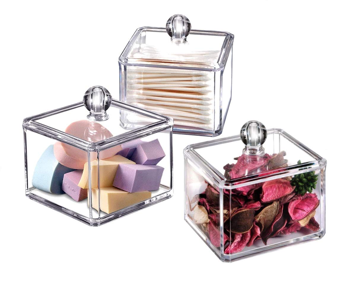 Square Acrylic Cotton Ball Pads Gauze Swab Holder Organizer Q-tip Dispenser Storage Canister Bathroom Container Flossers Box Case (3.5 x 3.5 x 3 inches, Single Tier, Transparent)