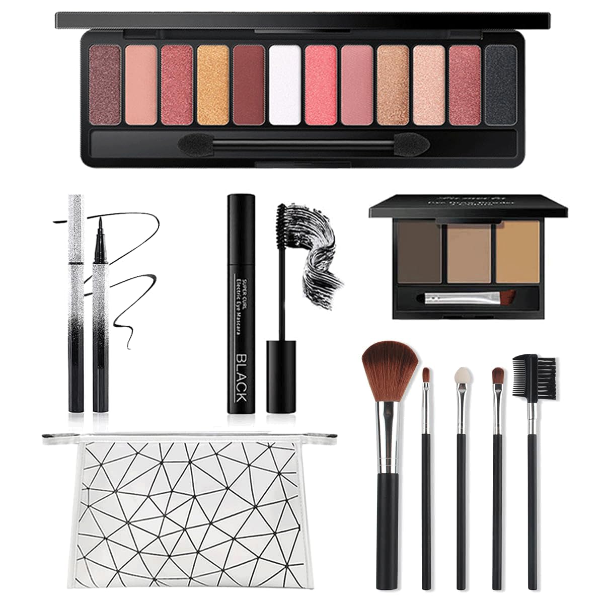 All in One Makeup Kit for Women Full Kit, Includes 12 Colors Eyeshadow Palette, Lash Mascara, Liquid Eyeliner, Eyebrow Powder, 5 Pcs Makeup Brush and Cosmetic Bag, Makeup Gift Set for Women & Teens