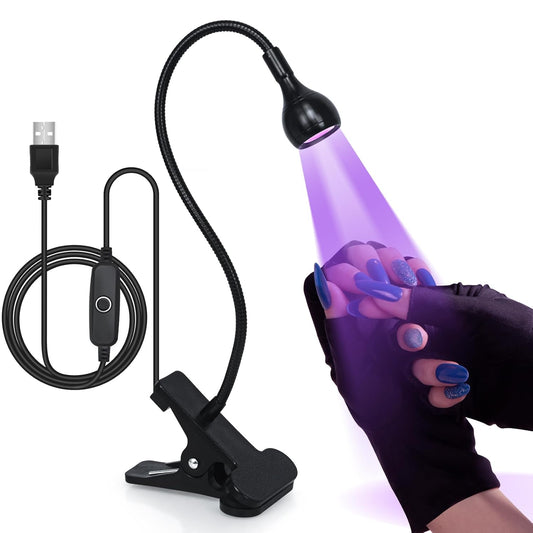 AORAEM UV LED Nail Lamp with UV Protection Gloves, 3W LED Nail Manicure Dryer Curing Light with Gooseneck and Clamp Portable Flash Cure Lamps for Gel Nails Home DIY Professional, Black