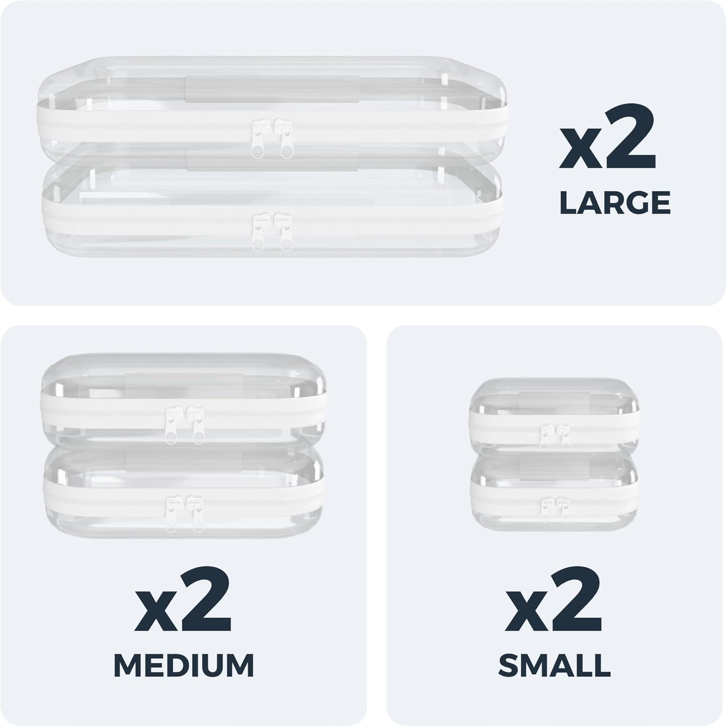 Extra Durable Mini Clear Hard Shell Zipper Case 6 Pack, 2x 12" Large, 2x 8" Medium, 2x 5" Small, Clear Travel Makeup Case, Hard Plastic Toiletry & Cosmetic Bag, Zippered Make Up Organizer Pouch