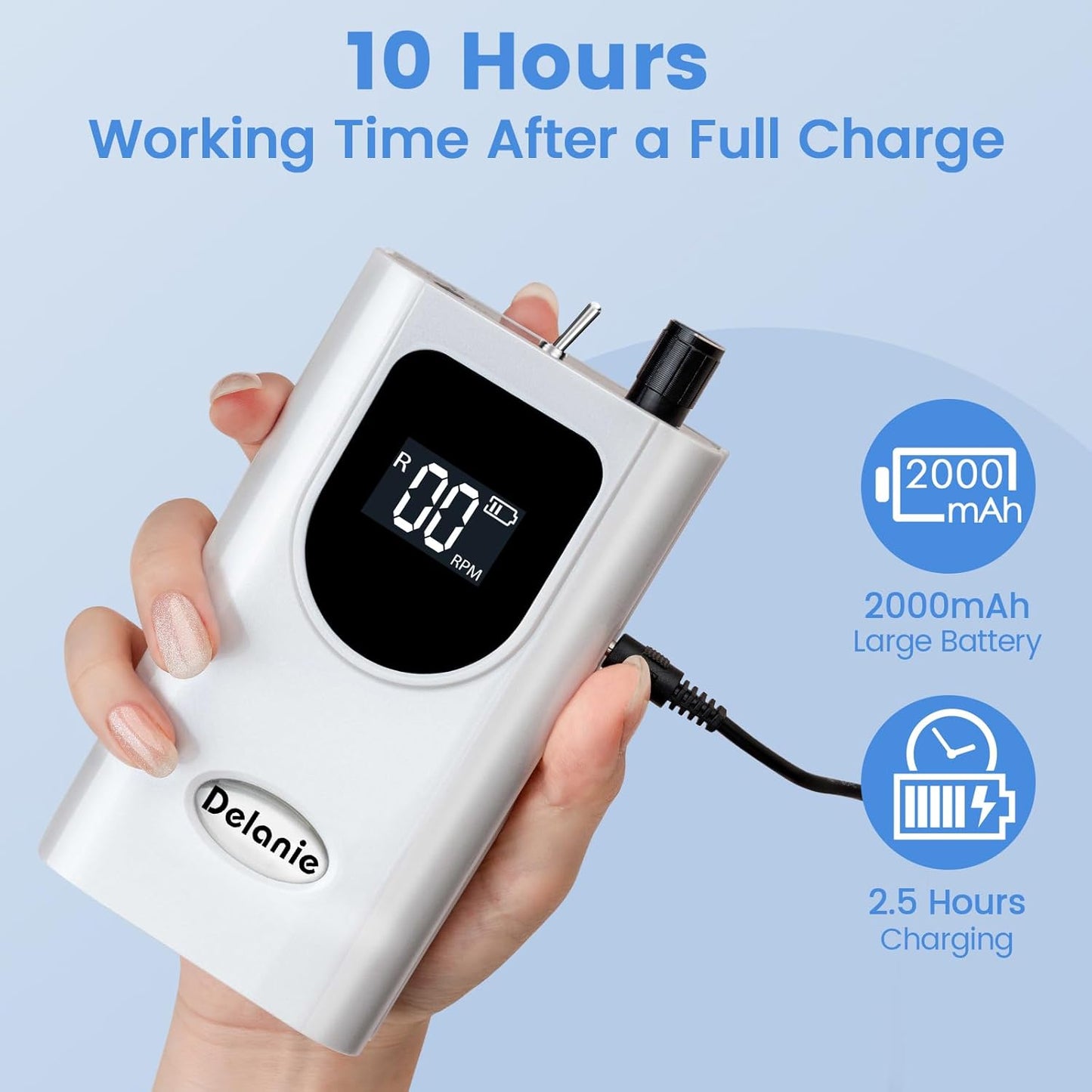 Delanie Professional Portable Electric Nail Drill Machine, 35000 RPM Rechargeable Cordless Nail Filer Electric Nail File Efle for Dip Powder Acrylic Gel Nail, Salon Nail Tool, White
