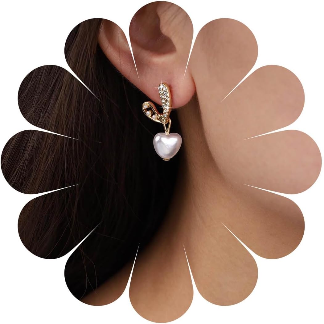Vintage Crystal Pearl Heart Dangle Earrings Rhinestone Pearl Drop Earrings Gold Cz Pearl Stud Earrings Heart Love Earrings Jewelry for Women