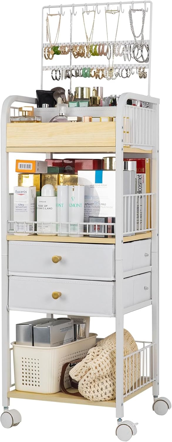 YGJT Makeup Organizer, Floor Skincare Cosmetics Organizer with Drawers, Jewelry Organizers and Storage for Earring Necklace, Vanity Organizer for Skin Care Perfume Makeup Brush Nail Polish Hair Tool