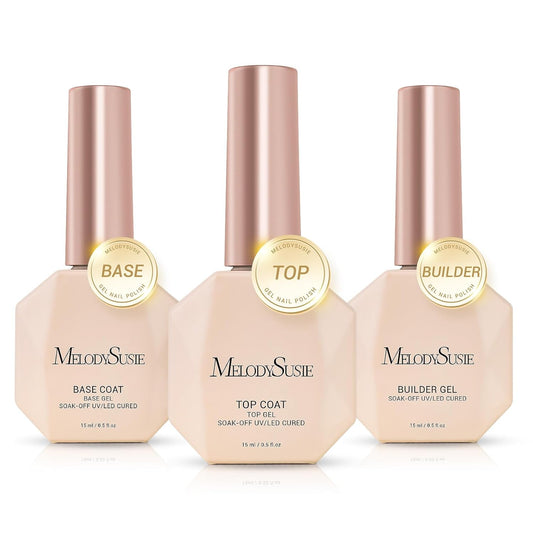 MelodySusie Top Coat Builder Gel Base Coat No Wipe Glossy Set Long Lasting Shine Finish Soak Off UV LED Nail Lamp Nail Polish Art Design Manicure Kit Perfect Gifts for Women Girls 3 Pcs 15ml Clear