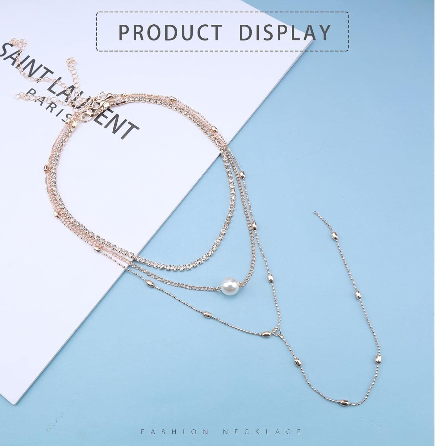 Bohemia Layered Y Lariat Choker Necklace Long Rhinestone Tennis Chain Necklace Floating Pearl Choker Necklace Gold Y Drop Necklace Chain Jewelry for Women and Girls