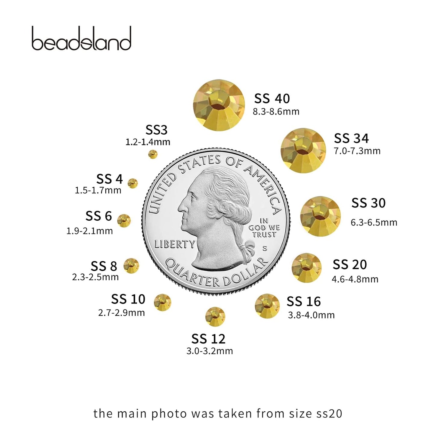 beadsland Flat Back Crystal Rhinestones Round Gems, Metal Sunlight (1.9-2.0mm) SS6/1440pcs