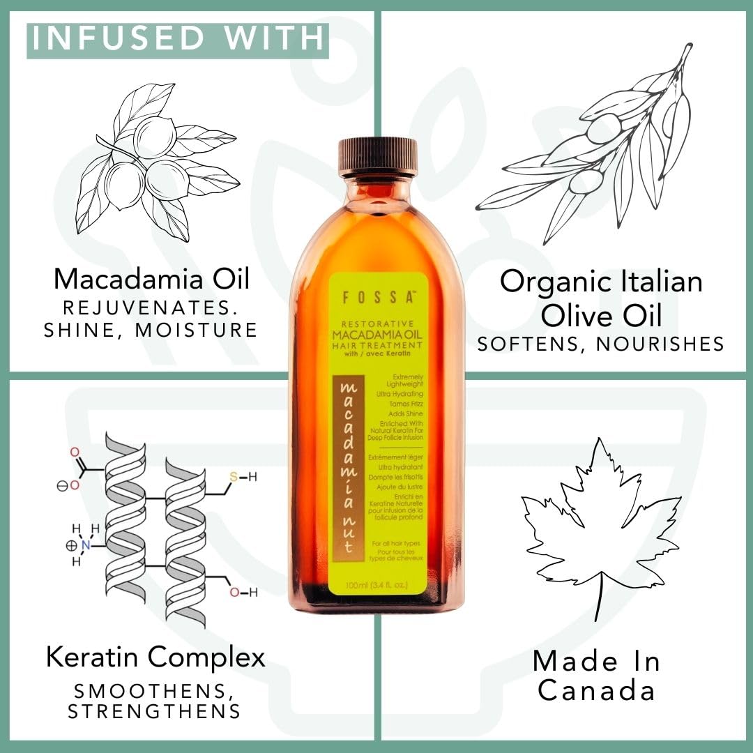 Fossa Restorative Macadamia Nut Hair Treatment with Keratin Oil | Paraben Free, Lightweight, Anti-Frizz, Adds Shine, Repairs Damage, Heat Protection & Strengthens for All Hair Types | 100ml, 3.4 fl oz