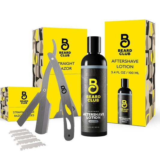 Beard Club Straight Razor for Men & Aftershave for Men – Soothing After Shave Lotion & Navajas Para Barbero - Barber Straight Edge Razor Kit with Post Shave Balm Calms Irritation, 5 Blades - Gift Kit