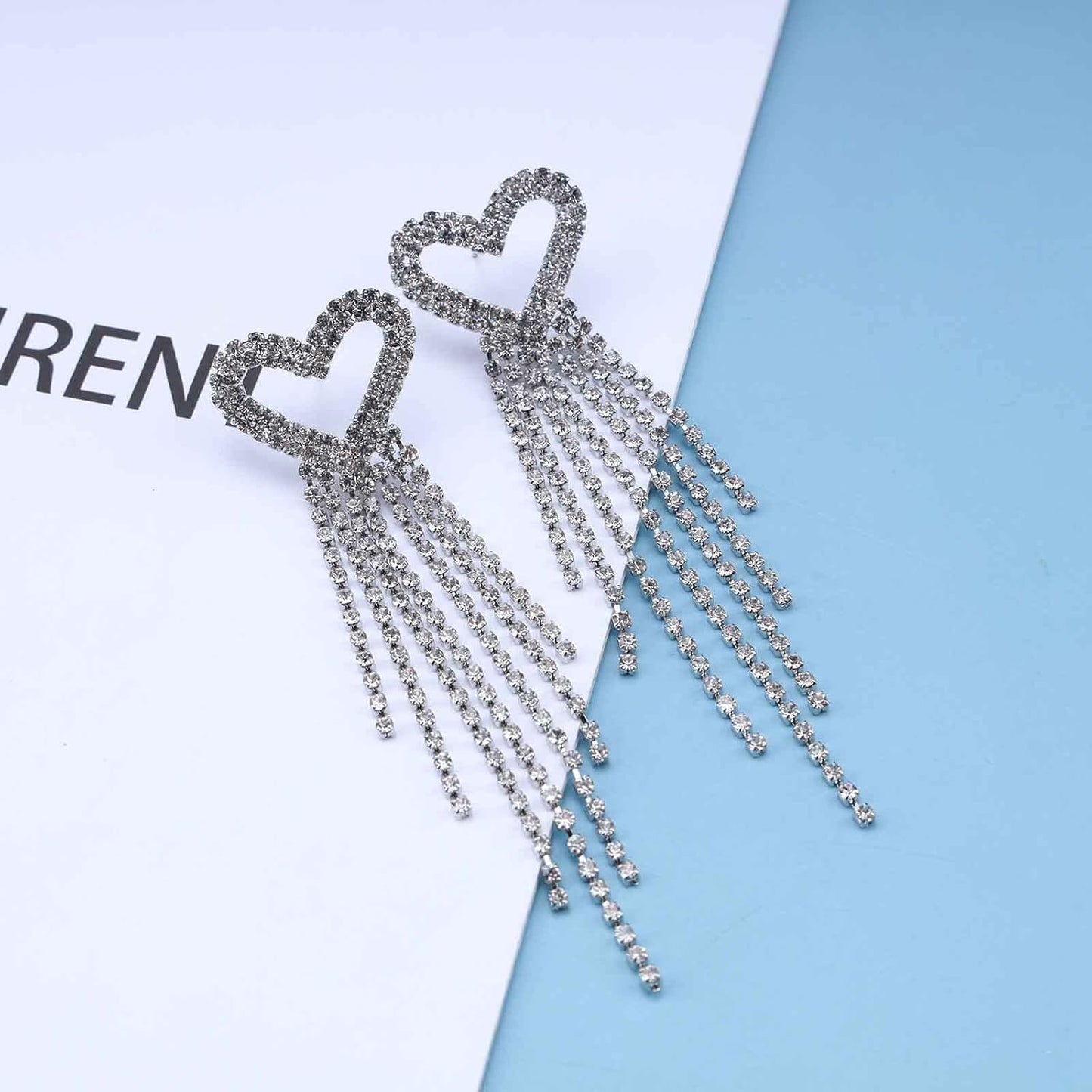 Boho Rhinestone Heart Tassel Earrings Long Tassel Chain Dangle Earrings Silver Crystal Cz Love Heart Studs Earrings Long Chandelier Dangle Earrings Wedding Cz Fringe Chain Earrings Jewelry for Women and Girls