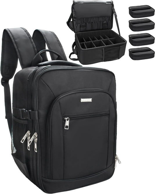Makeup Backpack Makeup Artist Bag Professional Extra Large Cosmetic Bag Travel Train Case Storage Organizer Double-Layer Large Capacity Cosmetic Case with 4 Pouch(Black)