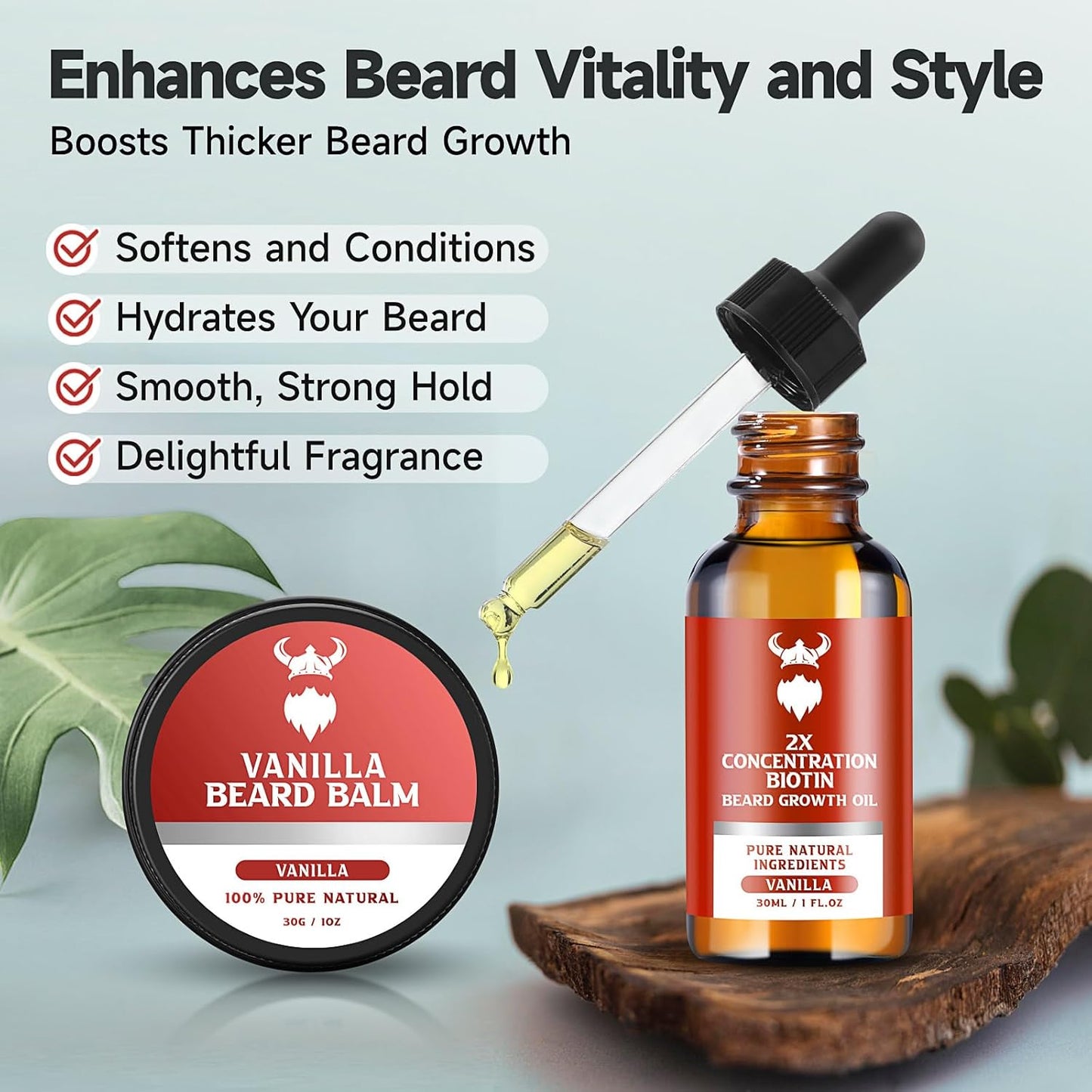 Beard Growth Kit - 2X Concentration Biotin for Men, Natural Ingredients with Argan Oil, Jojoba Oil and Vitamin (Vanilla)
