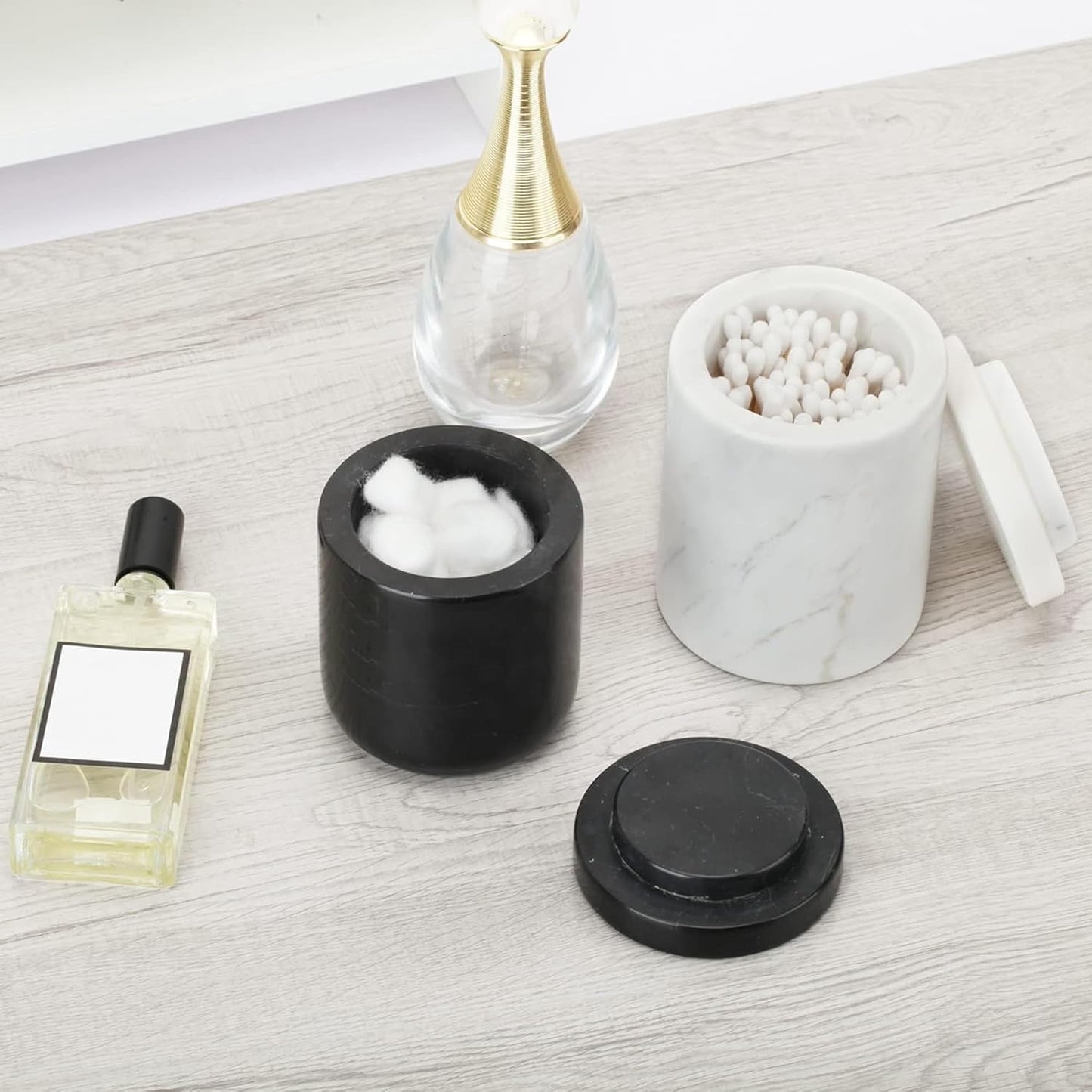 WORHE Marble Canister with Lid Natural Qtip Holder for Cotton Swabs, Balls, Pads, Floss Picks, Bath Salts - Vanity Makeup Storage Organizer Bathroom Essentials Accessories Decor White (DL011)