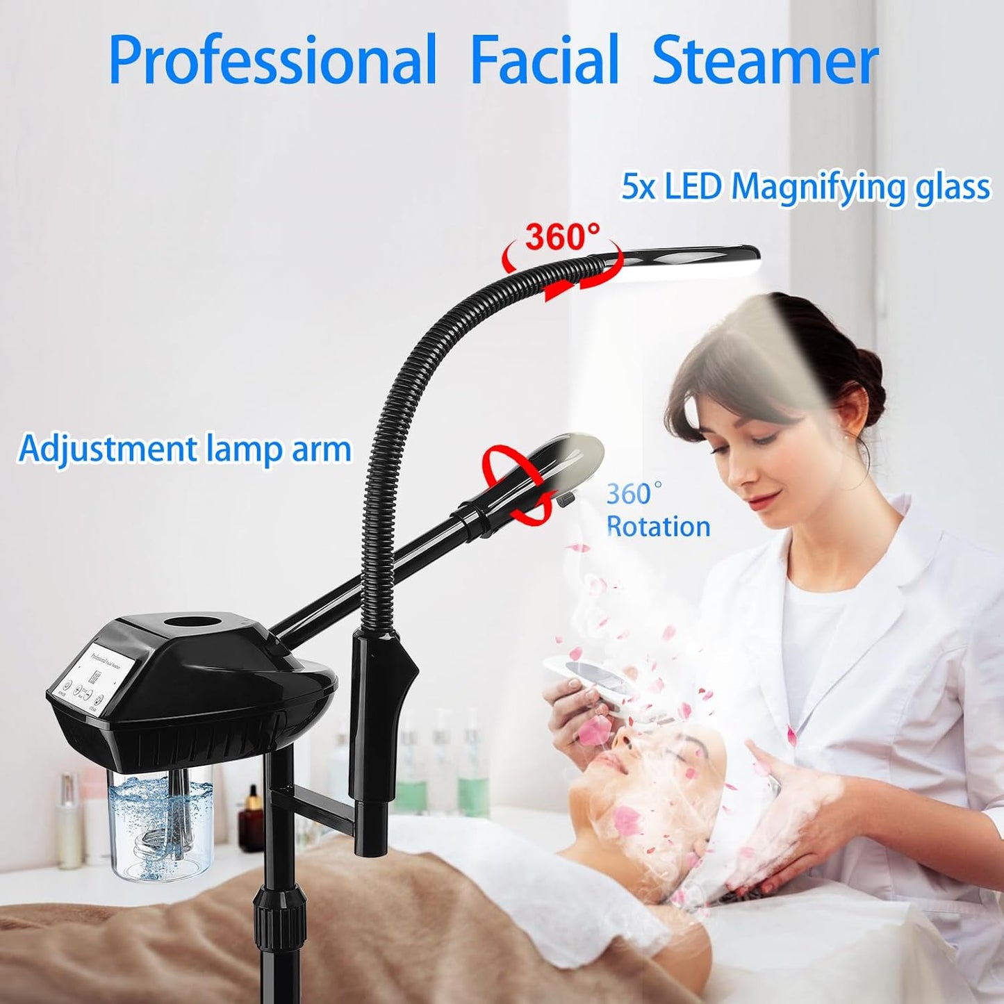 Professional Facial Steamer on Wheels, 2-in-1 Facial Steamers with 5X Magnifying Lamp, Facial Steamer for Facial Deep Cleaning, Facial Humidifier for Spa, Salon and at Home Use