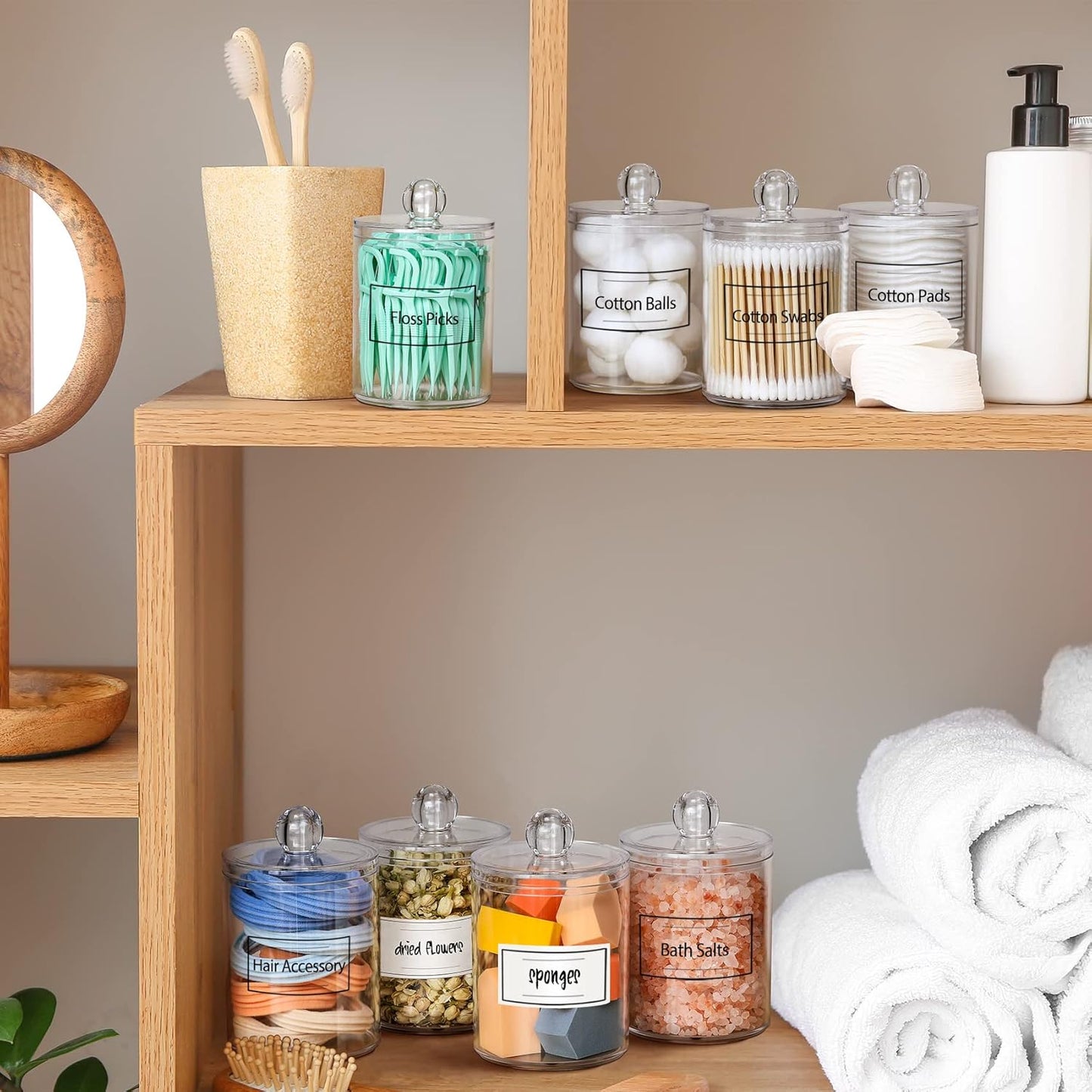 AOZITA 8 Pack Acrylic Qtip Holder Dispenser with Lids & Labels, Cotton Swab, Ball, Round Pads, Floss Picks Storage Canister - Clear Plastic Apothecary Jar for Bathroom Vanity Makeup Organizer