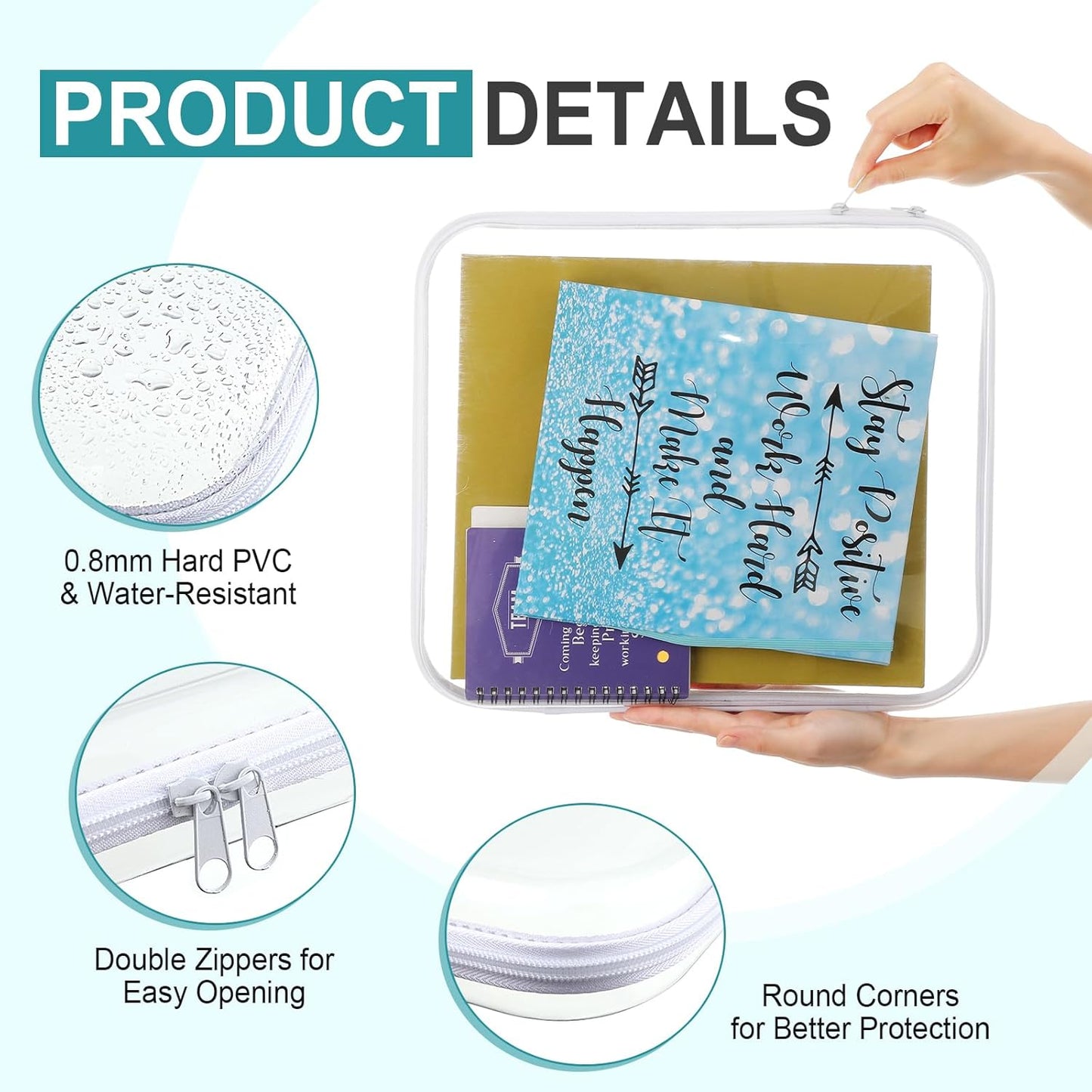 Hoolerry 4 Pcs Hard Clear Zipper Case Makeup Bags Plastic Pencil Pouch Transparent Storage Box Containers for Cosmetics, Snacks, Building Blocks, Puzzles(White,13.8 x 11.8 x 2 in)