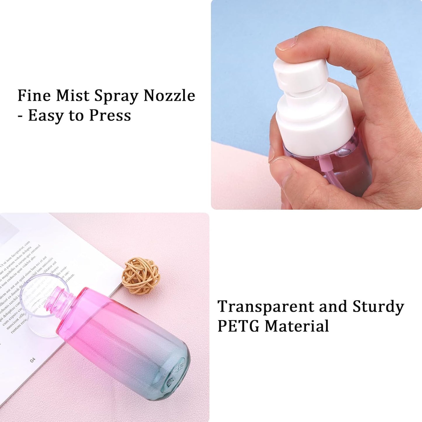 Cosywell Fine Mist Spray Bottles TSA Approved 3.4oz 100ml 3 Pack Leak Proof Travel Spray Bottle Empty Small Spray Bottles for Perfume Essential Oils Toners Rose Water Cosmetics (3Gradient Pink Blue)