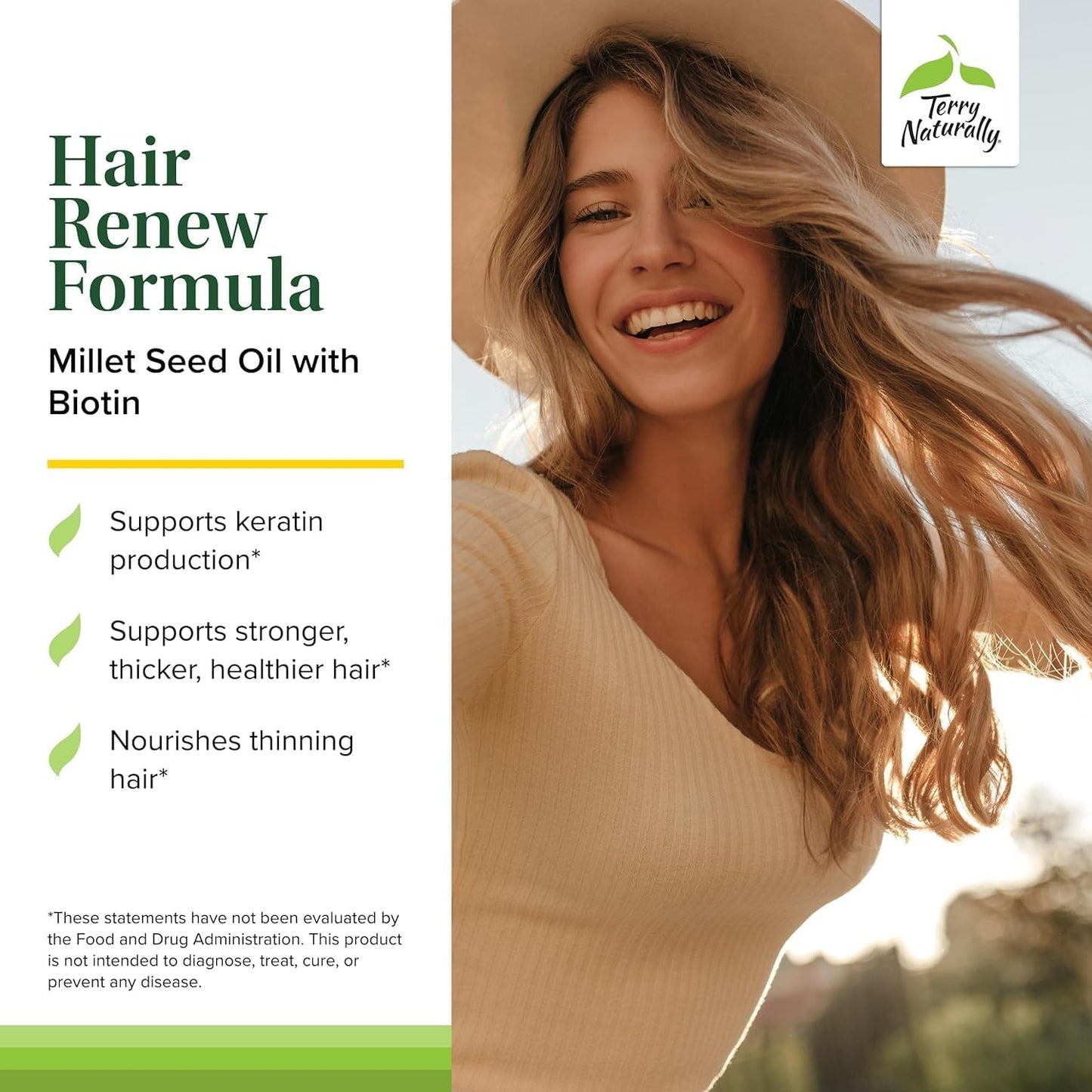 Terry Naturally Hair Renew Formula - Healthy Hair Growth Supplement with Biotin B Vitamins & Zinc - Millet Seed Oil for Keratin Production Support & Stronger, More Radiant Strands - 60 Softgels
