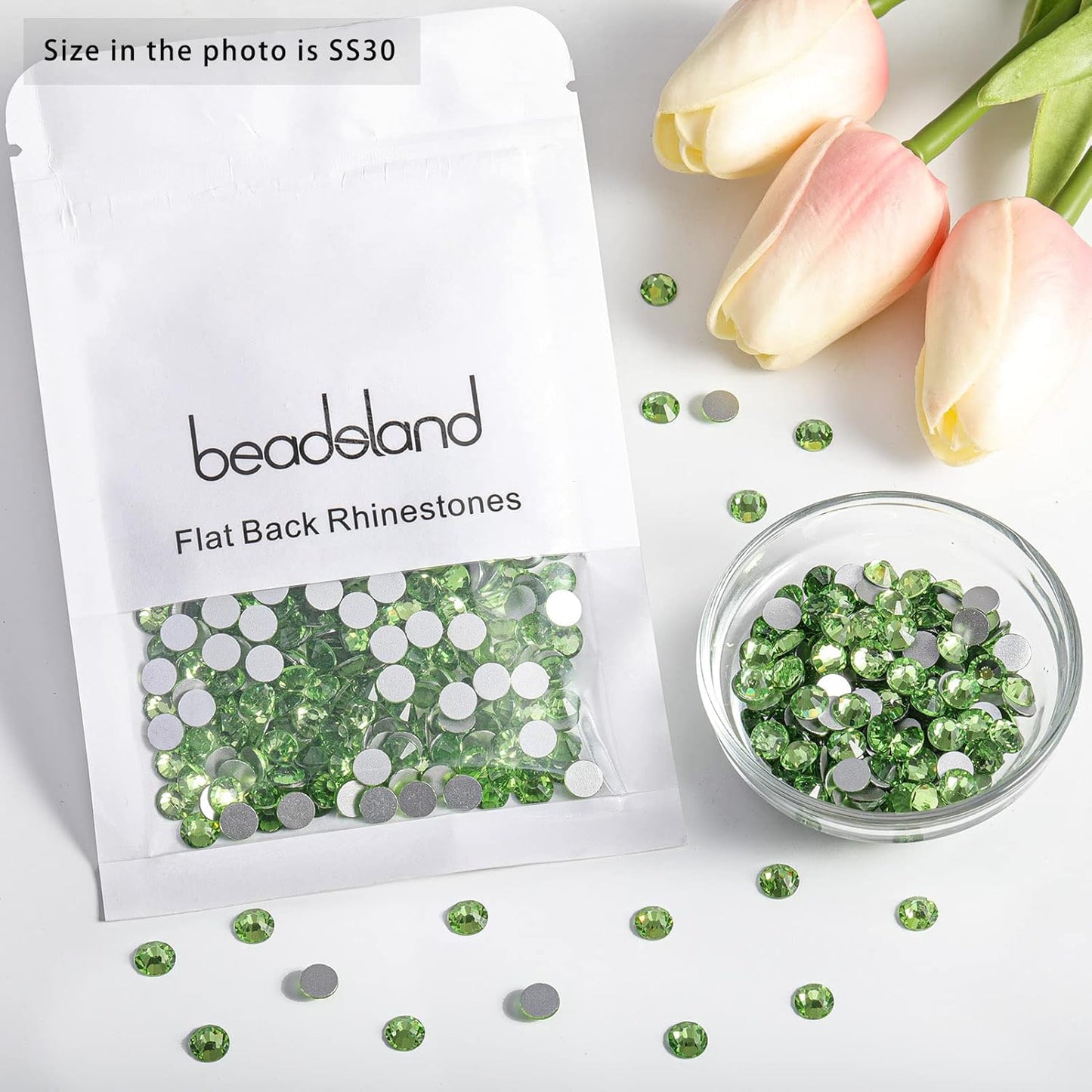 beadsland Flat Back Crystal Rhinestones Round Gems for Nail Art and Craft Glue Fix,Light Green (6.4-6.6mm) SS30/288pcs