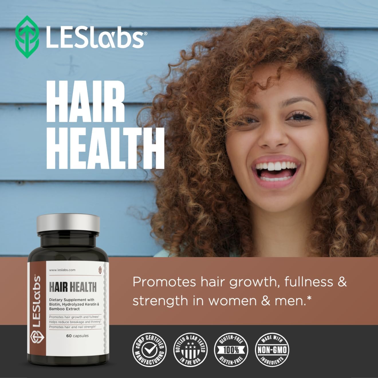 LES Labs Hair Health – Hair Growth & Nails Supplement, Improved Thickness, Strength & Fullness – Keratin, Biotin, Pumpkin Seed & MSM – 60 Capsules